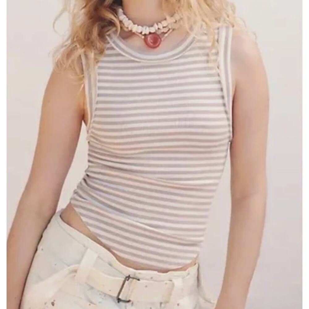 Free People NWOT We The Free Kate Ribbed Stretch Tank Top Tan Stripe Large